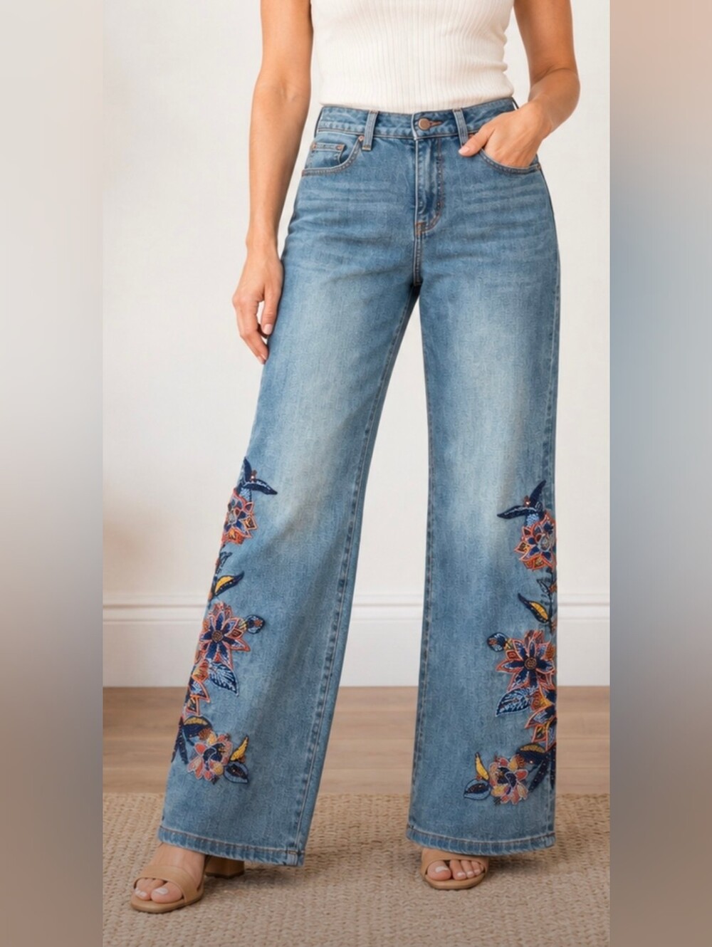 Soft Surroundings Embroidered Floral Jeans Women’s Size 8 Medium Wash Straight